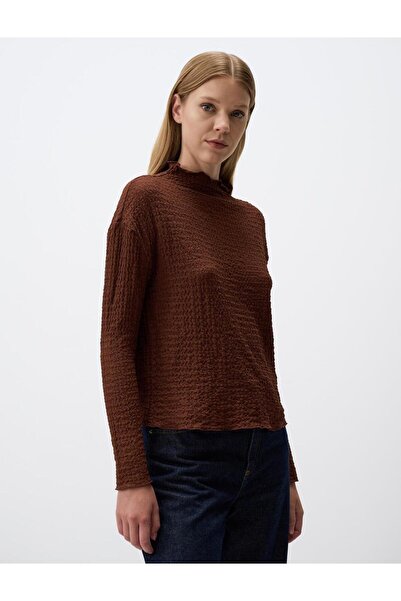 Jimmy Key Brown Half Turtleneck Relaxed Fit Patterned Blouse