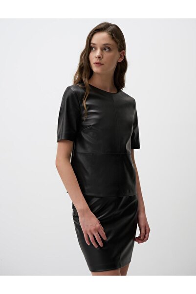 Jimmy Key Siyah Bisiklet Yaka Rahat Kesim Deri Bluz