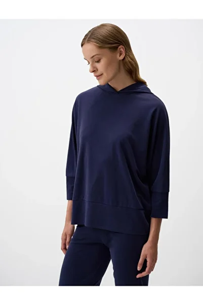 Jimmy Key Navy Blue Loose Fit Three Quarter Sleeve Hooded Knitted Sweatshirt