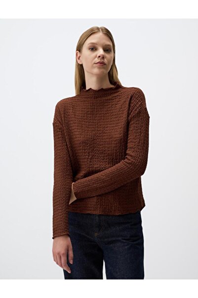 Jimmy Key Brown Half Turtleneck Relaxed Fit Patterned Blouse