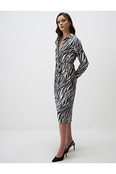 Jimmy Key Siyah Gömlek Yaka Uzun Kollu Saten Midi Elbise