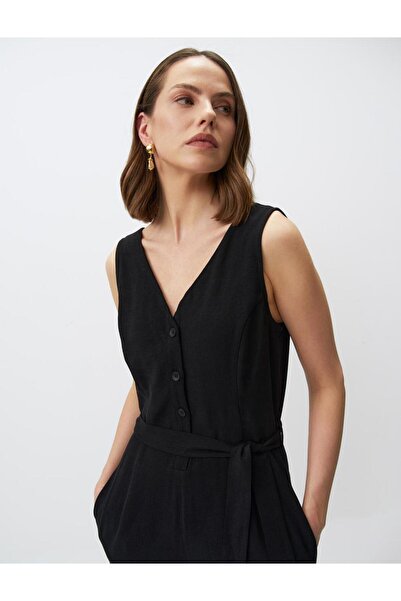 Jimmy Key Black V-Neck Belted Linen Jumpsuit