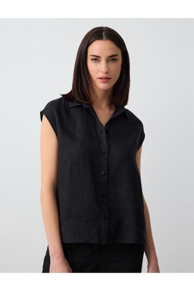 Jimmy Key Μαύρο 100% λινό αμάνικο ίσιο πουκάμισο