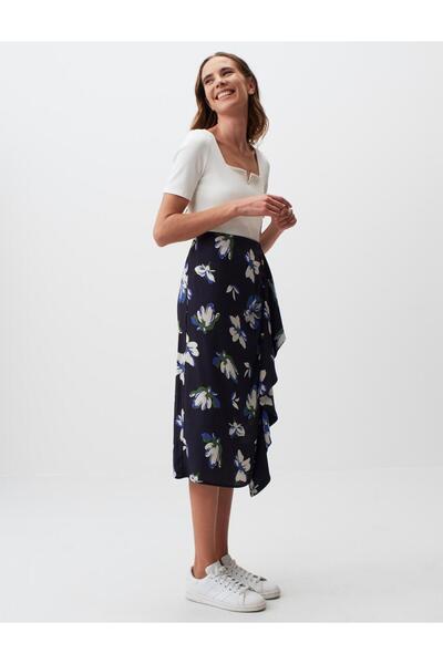 Jimmy Key Navy Blue Regular Waist Floral Patterned Midi Skirt