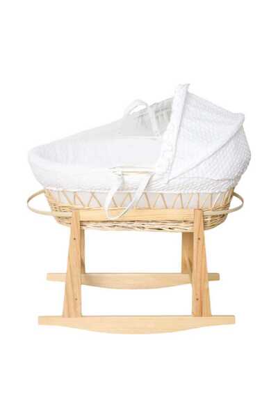 BabyCara Baby Basket Moses Natural Wicker Rocker Cot Infant Bedding With Pillow, Handle, Mosquito Net White