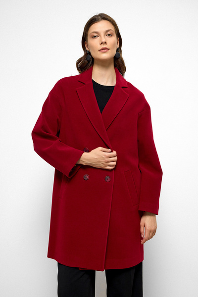 Olcay Patterned Lined Oversize Double Breasted Coat Red 3095