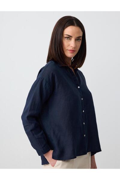 Jimmy Key Lacivert %100 Keten Uzun Kollu Basic Gömlek