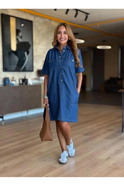 DISHI FASHİON Rochie din denim cu jumătate de mânecă, nasturi cu apăsare și b...