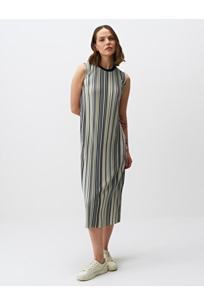 Jimmy Key Blue Crew Neck Sleeveless Striped Pleated Midi Dress