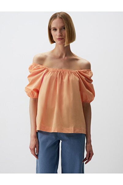 Jimmy Key Peach 100% Cotton Square Neck Balloon Sleeve Blouse