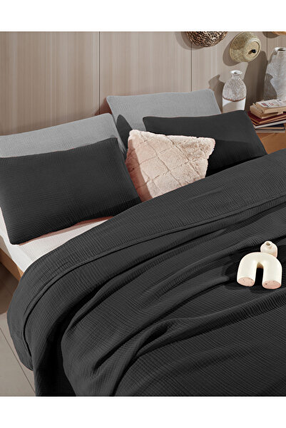 destinyhometex Siyah 4 Katlı Multi Muslin %100 Pamuk Battal Boy Saçaksız 260x240cm