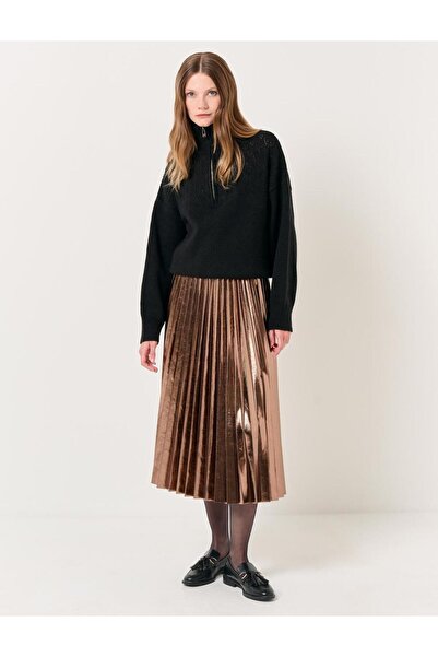 Jimmy Key Gold High Waist Pleated Shiny Midi Skirt