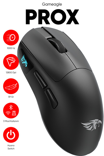 gameagle Prox Bluetooth-Kablosuz-Kablolu Şarjlı 12800 Dpı Hafif 59GR Gaming Mouse Oyuncu Mouse SİYAH