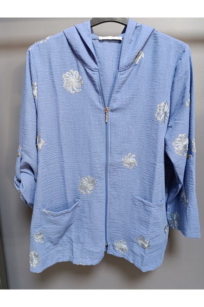AKŞEN GİYİM Large Size 100% Cotton Linen Glitter Flower Embroidered 80 cm Base Covering Size Hooded Jacket