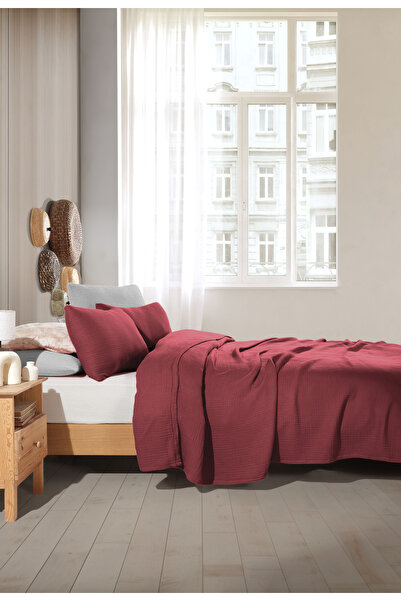 destinyhometex Bordo 4 Katlı Muslin %100 Pamuk Çift Kişilik Saçaksız Yatak Örtüsü/Pike 200 X 240cm