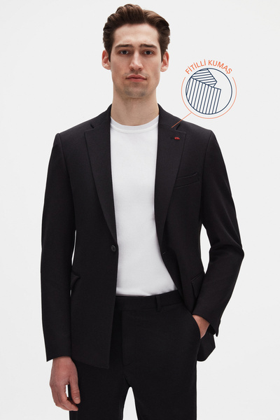 Twn Slim Fit Black Corded Knitted Suit