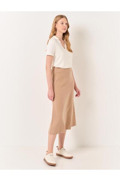 Jimmy Key Beige High Waist Soft Textured Midi Skirt