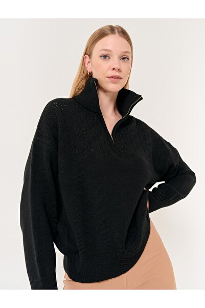 Jimmy Key Pulover negru cu mânecă lungă și fermoar