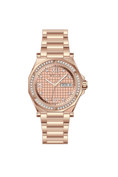 Welar 3402-6 ساعة يد نسائية بمينا وردي وحزام حجري مطلي بالورد وفولاذ