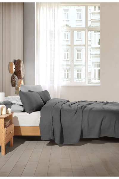 destinyhometex Dark Gray 4 Layer Muslin Cotton Double Bedspread Without Fringe/Pike 200 X 240cm