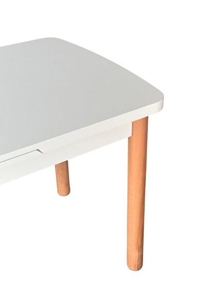 Woodenbend Loretta Natural Beyaz Açılır Ahşap Masa Sandalye Takımı 70x127 cm – 4 Sandalye 1 Benchli Yemek Masa