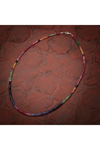 Saff Doğal Taş Yakut, Safir, Zümrüt Doğal Taş Rondel Kesim Gümüş Kapama Kolye - 2-3mm