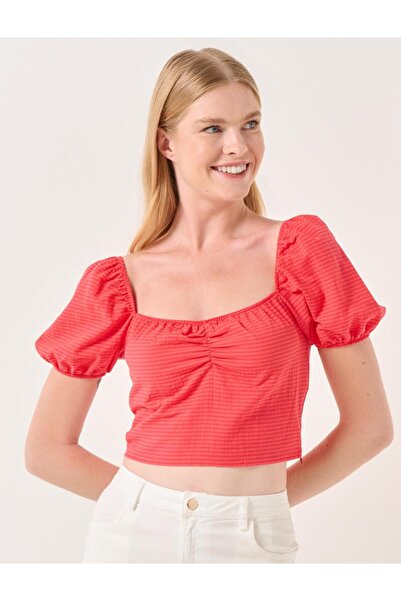 Jimmy Key Orange Square Neck Short Sleeve Summer Blouse