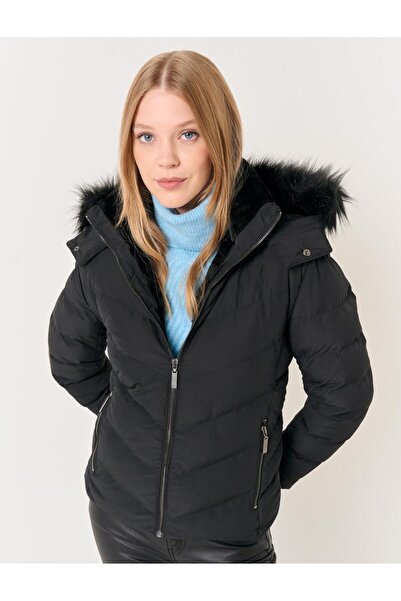 Jimmy Key Černý zimní kabát s rovným střihem a límečkem s kapucí