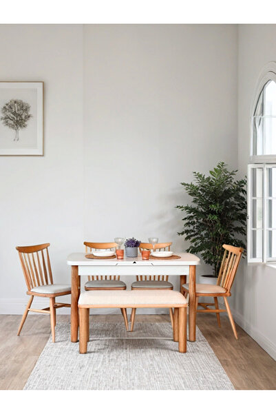 Woodenbend Kolin Natural Beyaz Açılır Masa Takımı 70x127 cm – 4 Sandalye Ve B...