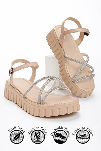 Nstil Daily Women's Beige Sandals with Stone Band Adjustable Buckle High Thick Heel Serrated Sole 279