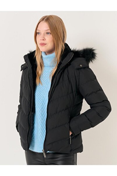 Jimmy Key Černý zimní kabát s rovným střihem a límečkem s kapucí