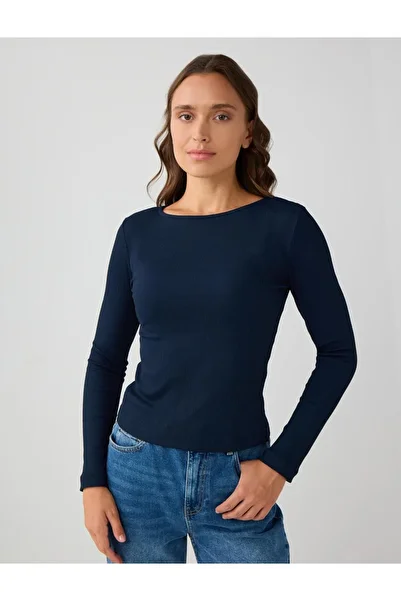 Jimmy Key Navy Blue Slim Fit Boat Neck Knitted Blouse