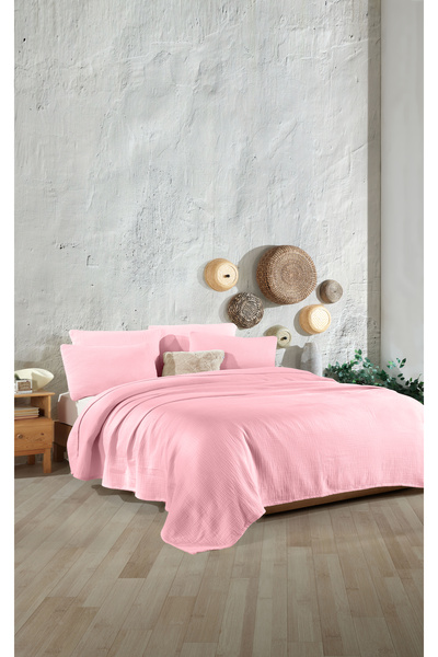 destinyhometex Ροζ 4 στρώσεων Multi Muslin 100% βαμβακερό μέγεθος Battal χωρίς κρόσσια 260x240cm