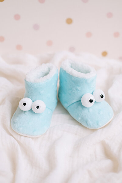 Puppis Baby Gözlü Mavi Bebek Panduf, Kaydırmaz Taban, Terletmeyen, Ilkadım Organik