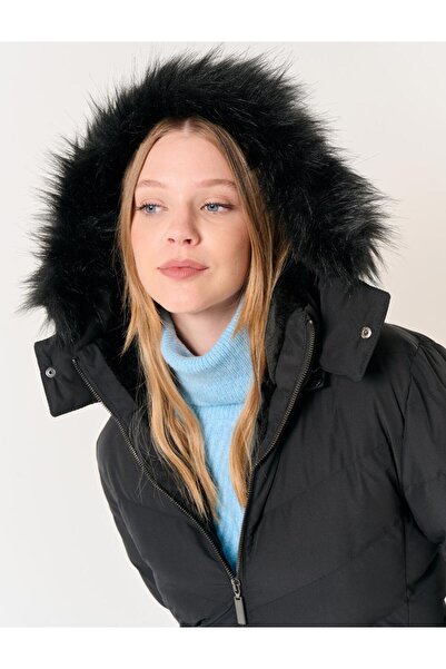 Jimmy Key Černý zimní kabát s rovným střihem a límečkem s kapucí