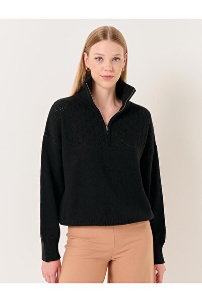 Jimmy Key Pulover negru cu mânecă lungă și fermoar