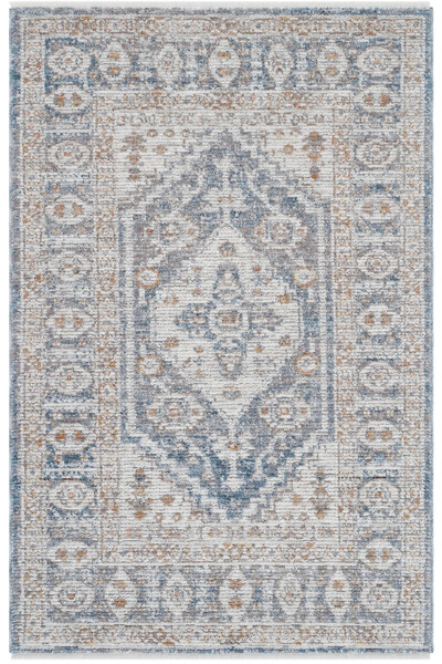 Cool Halı Belina Cream Blue Vintage Round Carpet – Ethnic Pattern Classic Loop Rug for Living Room
