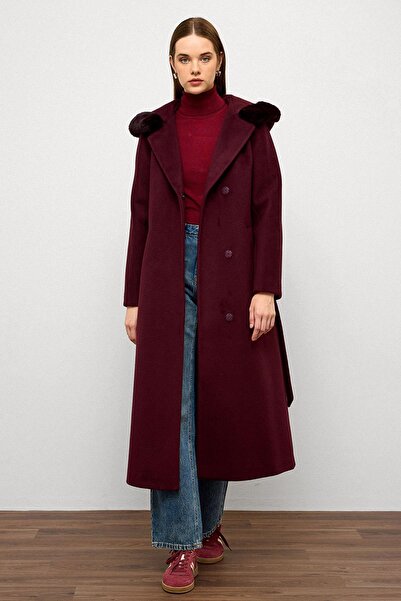 Olcay Fur Hooded Waist Tie Long Coat Murdum 3107