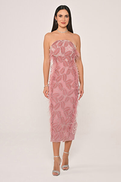 ALFABETA Straplez Boncuklu Otrişli Midi BOY ABİYE Elbise