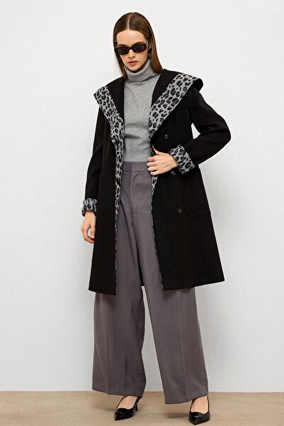Olcay Hooded Leopard Pattern Garnished Coat with Bag Pockets Black 3123