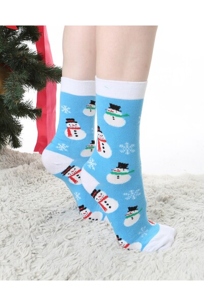 Socks Tunnel New Year Snowman Patterned Blue Colored Socks