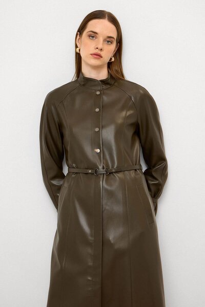Olcay Judge Collar Belt Detailed Long Leather Trench Coat Khaki 6775