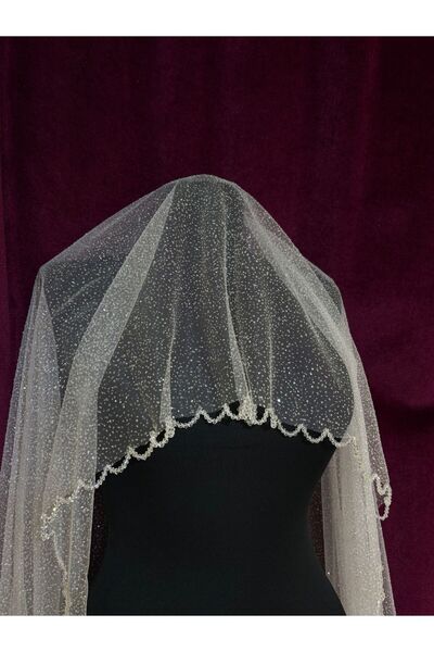 Tasarım Kristal İşlemeli Simli Kırık Beyaz Nikah Düğün Gelin İçin Tül Duvak (150cm)