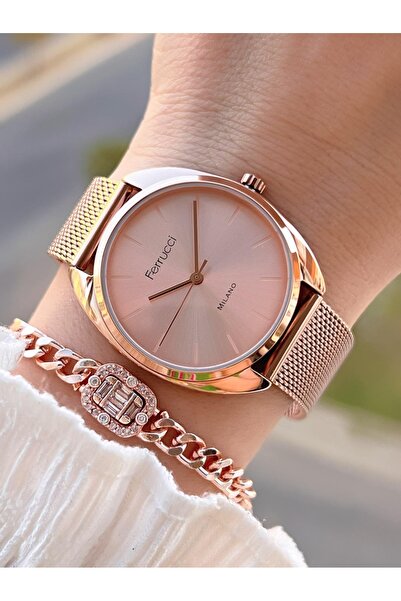 Ferrucci Hasır Kordonlu Rosegold Renk Atmaz 30 Mt Su Geçirmez Saat Bileklik