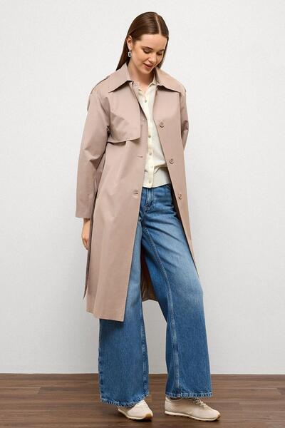 Olcay Punto Stitch Detailed Comfortable Fit Water Repellent Trench Coat Taş 6769