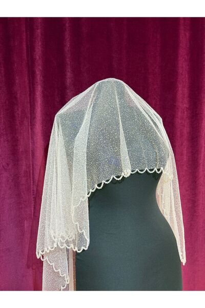 Tasarım Kristal İşlemeli Simli Kırık Beyaz Nikah Düğün Gelin İçin Tül Duvak (150cm)