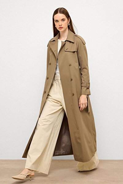 Olcay Water Repellent Long Trench Coat with Grosgrain Detail Mink 6778