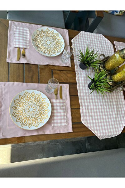 Tropikhome Amerikan Servis Supla Ve Runner Seti 6 Kişilik Pudra Ekose Desen M...