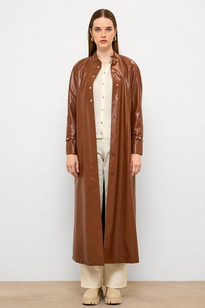Olcay Judge Collar Belt Detailed Long Leather Trench Coat Taba 6775