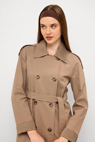 Olcay Epaulet Detailed Pleated Garnished Water Repellent Trench Coat S.Brown 6773